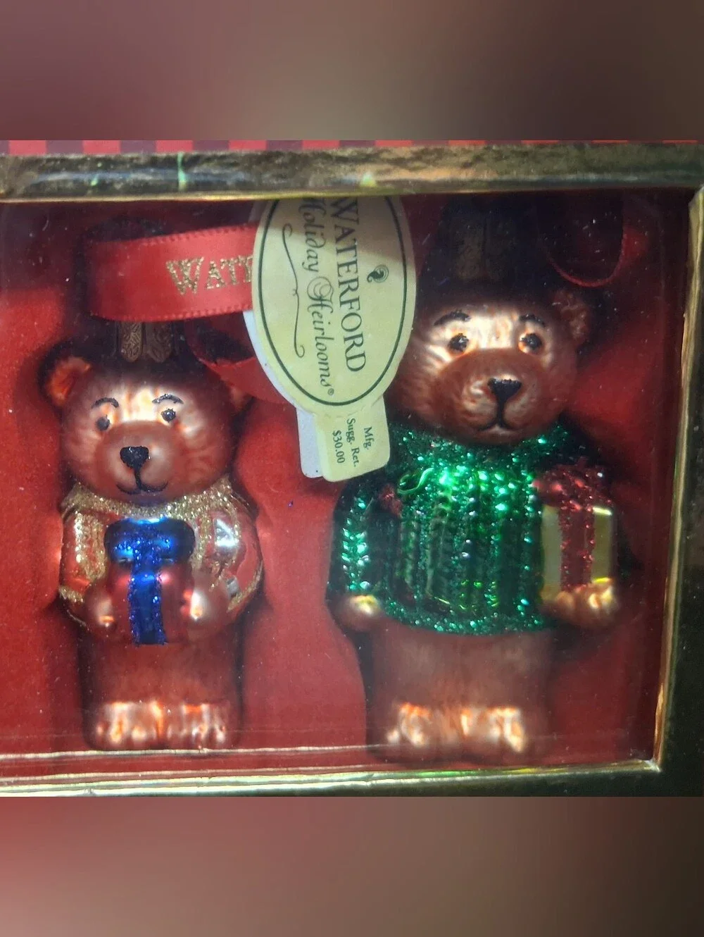 Set 3 Waterford Heirloom Collection Holiday Bear Christmas Ornaments Blown Glass